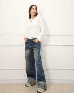 BAGGY FOLDED RIPPED MID-WAIST JEAN 7369